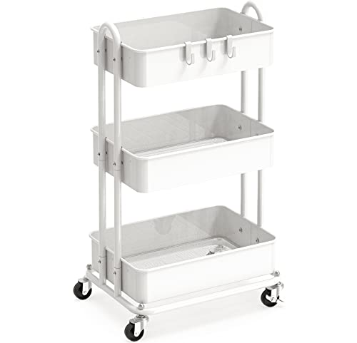 Simple Houseware Heavy Duty 3-Tier Metal Utility Rolling Cart, White