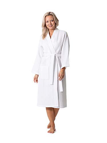 Turkish Linen Waffle Knit Lightweight Kimono Spa & Bath Robes for Women - Quick Dry - Soft (White,...