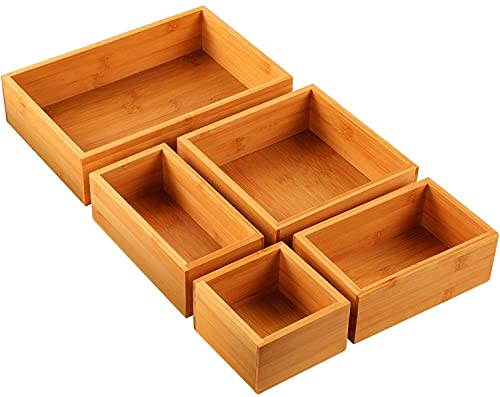 5-Piece Bamboo Drawer Organizer Set, Multi-use Storage Box Set, Varied Sizes Junk Drawer Organizer...