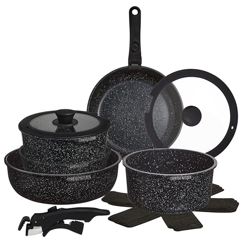 Country Kitchen Cookware Set with Removable Handle, Oven & RV Safe Pots and Pans Set, Black,...