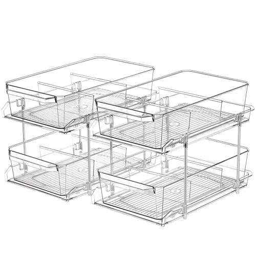 2 Set, 2 Tier Clear Organizer with Dividers for Cabinet, Shlef, Counter - MultiUse Slide-Out Storage...