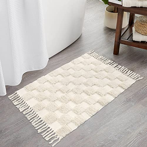 Lanffia Boho Checkered Tufted Rug - 2x3 Small Rug Beige Hallway Runner Washable with Tassels Indoor...