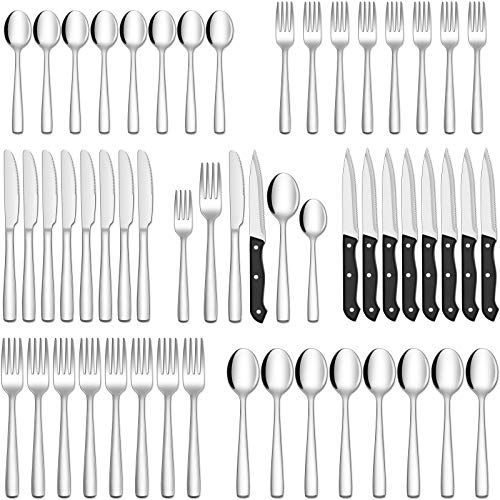 HIWARE 48-Piece Silverware Set with Steak Knives for 8, 18/8 Stainless Steel Flatware Cutlery Set...