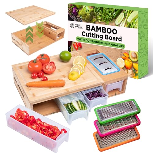 Bamboo Cutting Board With Containers - Meal Prep Station With Removable Top, Kitchen Boards & Food...